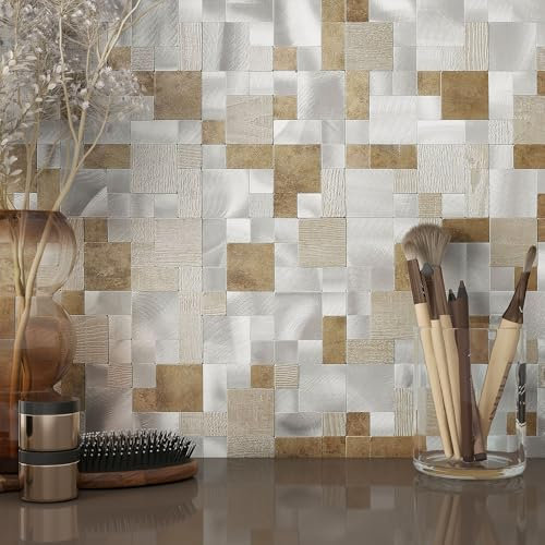 BeNice Fliesenaufkleber für Küchenrückwand, selbstklebende Wandfliesen, 3D-Klebefliesen, abziehen und aufkleben, Metallrückwand (10 Blatt, Mist Beige)