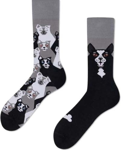 Many Mornings Bunte Lustige Socken Ungleiche Baumwollsocken für Damen und Herren Größe 31-46 Design mit Hund