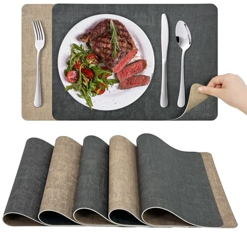 KitchenBoss Platzsets Abwaschbar Tischsets Abwaschbar: Platzdeckchen 6er Set Hitzebeständig Tischset rutschfest Doppelseitigen Platzset (Grau Aprikose) 43x30cm