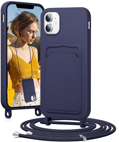 BENTIACC Mobile Phone Chain Silicone Case for iPhone 12/12 Pro with Strap, Mobile Phone Case with Card Slot, Removable Cord Chain, Shockproof Protective Case for iPhone 12/12 Pro (Navy Blue)