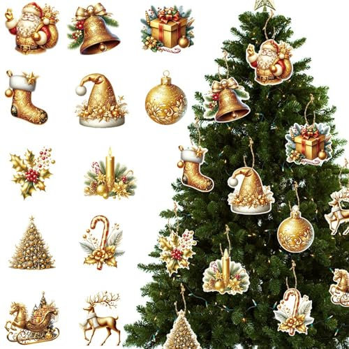 12Pcs Gold Christmas Decorations, Santa Xmas Tree Ornaments Hanging Set, Gold Santa Pendants for Indoors Winter Holiday Party Supplies