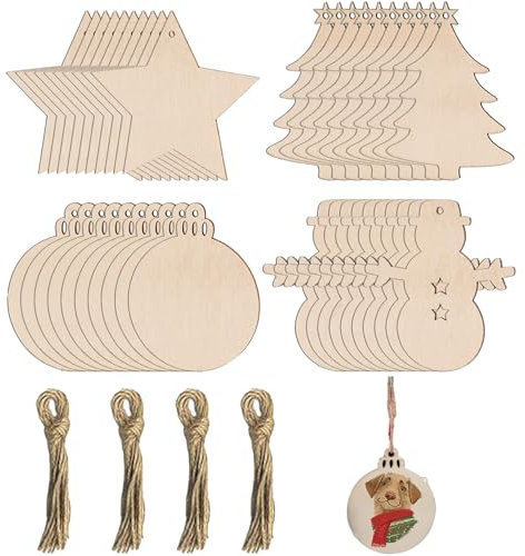 44PCS Wooden Christmas Decorations, Christmas Wooden Baubles Ornaments, Tree Decorations for DIY Christmas Decorations, Suitable for place that requires decoration (Star, Tree, Snowman, Disc)