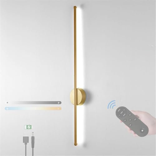 LED Applique Murale Batterie Interieur avec Télécommande Lampe Murale Sans Fil 3 Températures de Couleur Dimmable Éclairage Mural Moderne USB Rechargeable Luminaire Mural pour Chambre (Doré,80cm)