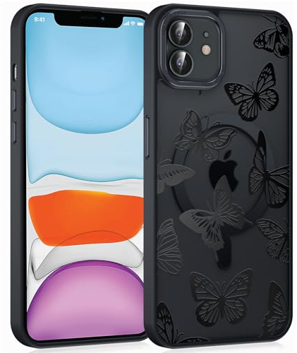 Coiwxmoi Magnetische Handyhülle für iPhone 11 6,1 Hülle, Kompatibel mit MagSafe, Aesthetic Schmetterlinge Muster Transluzente Mädchen Case, Matte PC Dünn TPU Bumper Stoßfest Schutzhülle - Schwarz