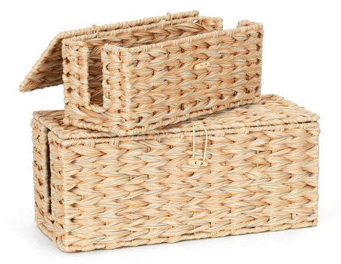 2 Stück Kabelbox, Handgefertigte Rattanimitation Kabelmanagementbox, Kabelbox mit Steckdosenleiste, Aufbewahrungsbox mit Abdeckung mit Seitlicher Öffnung zum Verstecken von Kabeln, Geeignet für Büro