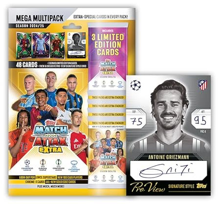 Topps Match Attax Extra 2025 - Mega Multipack - 52 Karten, darunter 3 zufällige X Factor LE-Karten und eine Exklusive Pro-View-Karte im Signature-Stil!