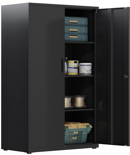 Aktenschrank, abschließbarer Garagenschrank, 4 Ebenen Büroschrank, Werkstattschrank mit verstellbaren Regalen, für Büro, Garage und Hauswirtschaftsraum, schwarz