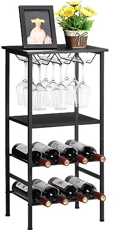 Scaffale autoportante per vino, 4 ripiani, scaffale per 8 bottiglie di vino con supporto in vetro, mensola per vino da tavolo in legno, mensole industriali per cucina, cantina, dispensa, marrone