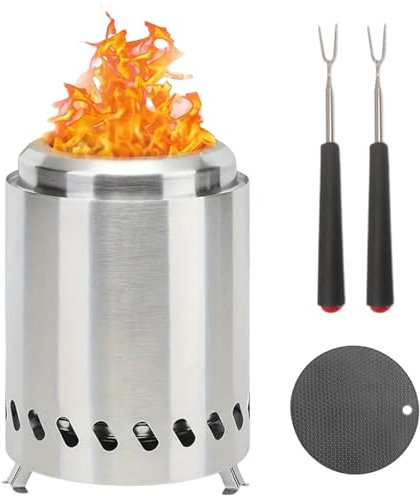 Mini Table Top Fire Pit, Portable Smokeless Firepit, Camping Stove with Travel Bag, 2 Fork, Heat-resistant Mat, Wood Burning/PelletFueled, Stainless Steel Firepit for Outdoor Hiking Garden Patio