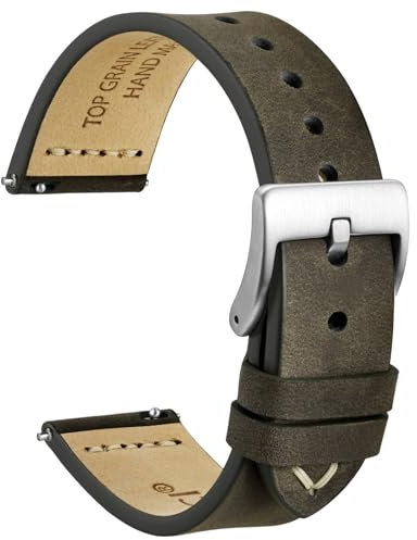 WOCCI 24mm Antikes Uhrenarmband für Herren, Sattelleder, Silberne Schnalle (Grau Braun)