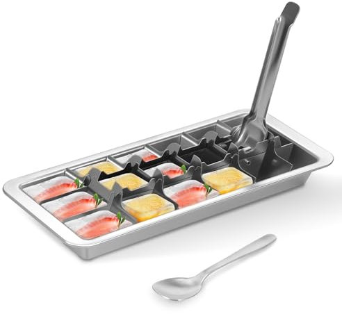 BAODBF 18 Gitter Eiswürfel Form,Eiswürfelformen & Eiswürfelschalen,Eiswürfelschale mit Entriegelungsgriff,Edelstahl Ice Cube Tray mit Löffel,Eiswürfelbehälter für Party,Picknick,28.5×12×3cm