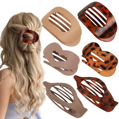 6pcs Flat Hair Clips for Women 3 Styles Ergonomic Curved Hair Claw Clips for Thick Thin Curly Hairs, Strong Hold No Slip Matte Claw Clips for All Hair Textures (Matte Flat Leopard)