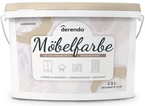 derendo Möbelfarbe Holzfarbe für Innen – Ohne Schleifen, Kratzfest & Hochdeckend – Wasserbasierter Lack für Möbel, Türen & Küchen – Emissionsarm & Pflegeleicht (Sandbeige, 2,5 Liters)