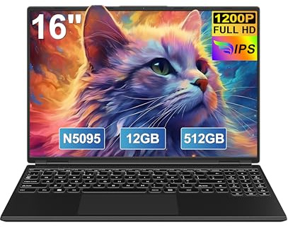 HUQPPQ 16 Inch Gaming Laptop, Celeron N5095 (Up to 2.9GHz),12GB RAM 512GB SSD, 1TB Expandable, FHD 1920x1200, WIN11, USB3.0, WiFi5, Notebook Computer for Students & Office-Black