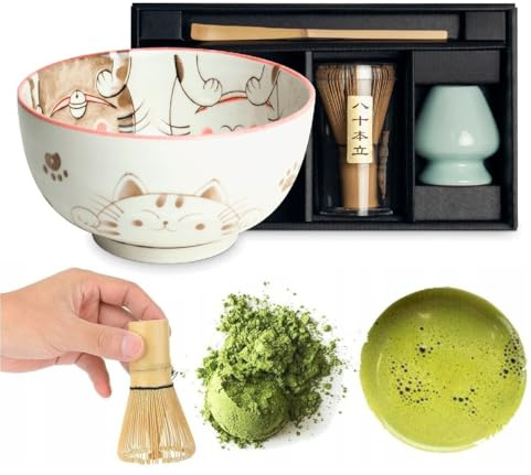 Matcha Set 4 tlg. Original japanische Schale mit Besen & Löffel Edo Japan Geschenkverpackung mit Matcha Besen Chasen, Matchabesen,Matchabesen Halter,Matcha Bambuslöffel Chashaku (Kawaii - Pink Cats)