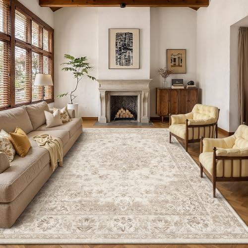 PureCozy Teppich Wohnzimmer 200x300cm Waschbarer Vintage Beige Tepich for Schlafzimmer kurzflor rutschfest Weich Böhmischen Retro Groß Carpet für Küchen Esszimmer Bedroom Living Room