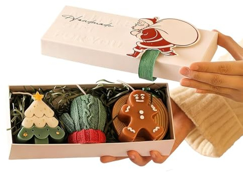 Set regalo di tre candele profumate natalizie, confezione regalo con candele a forma di albero di Natale fatte a mano, fiocco di neve, pupazzo di neve, guanto e forme (D)
