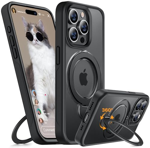 Miracase Hülle für iPhone 15 Pro Max Case 360° Ständer, Schwarz | Handyhülle Keine Fingerabdrücke Handyhülle für MagSafe 15 Pro Max 6,7 Zoll Matt Stoßfest Schutzhülle