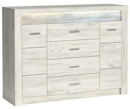 Masseno Kommode ZERI 137 cm Sideboard mit 4 Schubladen und 2 Türen für Wohnzimmer Schlafzimmer Modern 137x42x103,5 cm Eiche Bianco