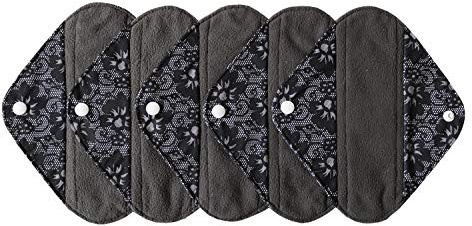 MUMBABY Lot de 5 serviettes hygiéniques réutilisables en bambou charbon de bois (dentelle noire, 20,3 cm)