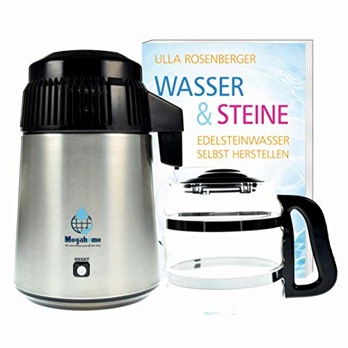 Megahome MH943SBS Destilador con jarra de cristal, 4 litros de agua pura y destilada, sin contacto con plástico, sin filtro de agua, incluye libro en alemán, color acero inoxidable/negro
