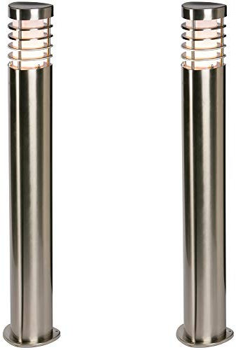 2 Pack | Brushed Stainless Steel 800mm Outdoor IP44 Bollard Light Lamp Post | Garden Driveway Patio Pathway Illumination Pillar | E27 9.2W Bulb | 80CM Tall Outside Courtyard Lighting | LED Compatible