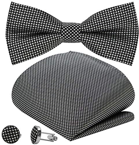 GASSANI 3-Set Fliegenset, Schwarze Karierte Herren-Fliege Einstecktuch Manschettenknöpfe, Bräutigam Karo Hochzeitsfliege Anzug-Schleife Taschentuch