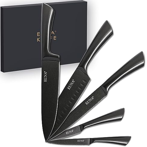 EUNA 5 PCS Kitchen Knife Sets Professional Sharp Knives Set with Cover&Gift Box Durable Cooking Japanese Knives Set for Carbon Steel Ninja Knives with Integrated Handle&Non-Stick Coating