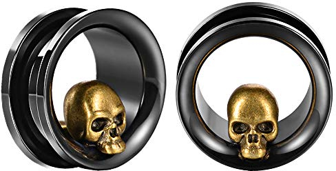 COOEAR 1 Paar Ohrmessgeräte Piercing Black Ear Tunnels Schädelstopfen Edelstahl-Schraubenohrringe.