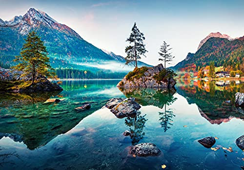 wandmotiv24 Fototapete See Alpen Berge Wald, M 250 x 175 cm - 5 Teile, Wanddeko, Wandbild, Wandtapete, Bayern Deutschland Wasser Himmel M6750