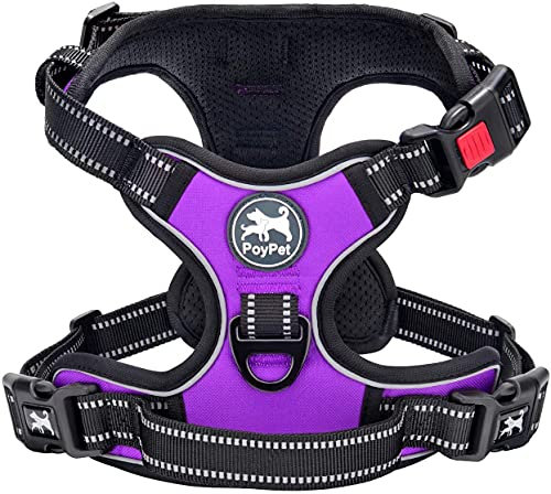 PoyPet Keine Pull Hundegeschirr Front Reflektierende Pet Weste für Hunde mit Einfache Kontrolle Griff und Rückseite perfekt für den täglichen Training, Walken, Running(Violett,S)
