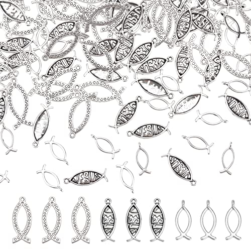 CHGCRAFT 150 piezas 3 estilos tibetanos peces Jesús colgantes aleación cristianos peces colgantes forma de pescado colgantes para hacer joyas, plata antigua