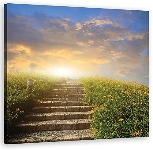 Feeby Leinwandbild XXL Abstraktion Natur Himmel Treppe 80x80 cm Wandbild Kunst Wiese Wolken Sonnenuntergang Gelb