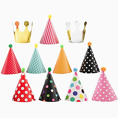 SSKHE 11 Stück Party Hüte Set Party Kegel Papierhüte Pom Poms Mini Geburtstag Krone Hüte für Kinder Erwachsene