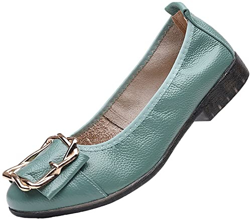 ANUFER Women's Genuine Leather Ballerinas Fashion Metal Buckle Soft Flat Pumps Shoes