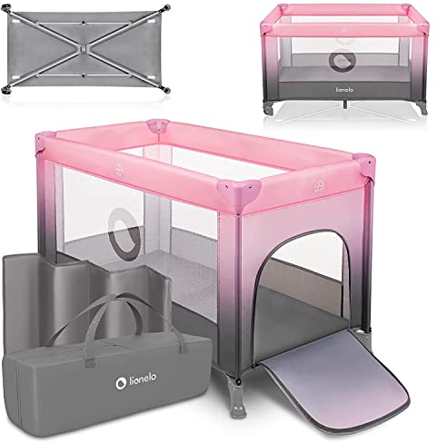 LIONELO Stefi Baby Laufstall, Kinderbett, Reisebett ab Geburt bis 15 kg, Seiteneingang, Sicherungssystem LockGuard, Blockade der Räder, Tragetasche, zusammenklappbar (Rosa Ombre)