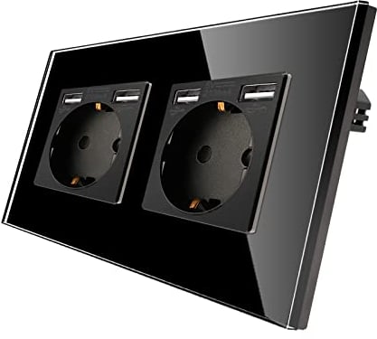 CNBINGO Glas Doppelsteckdose mit USB Ports (Max.2,1 Amp) - Zweifach Steckdose Unterputz in Schwarz - Schuko Schutzkontakt Wandsteckdose mit Glasrahmen A+A-Bl