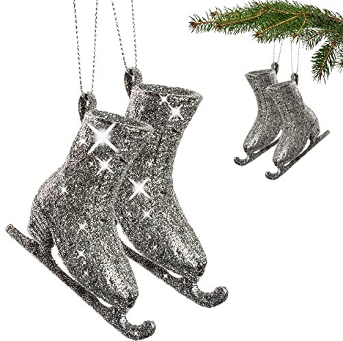 2 Stück Anhänger/Weihnachtsbaumkugel/Deko Figur Schlittschuhe Silber Glitzer - 8 cm - Innen & Außen - bruchfest - wasserfest - Geldgeschenk - Shoppi..