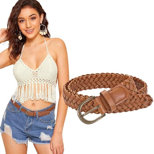 WHIPPY Women Braided Belt Skinny Casual Soft Faux Leather Woven Belt for Jeans Pants, Brown Copper Buckle, S