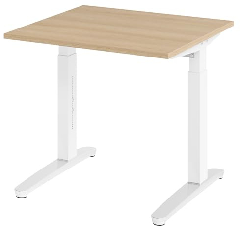 bümö manuell höhenverstellbarer Schreibtisch 80x80 in Eiche, Gestell in weiß/alu - PC Tisch höhenverstellbar & klein, höhenverstellbarer Tisch Büro, Kleiner Computertisch verstellbar