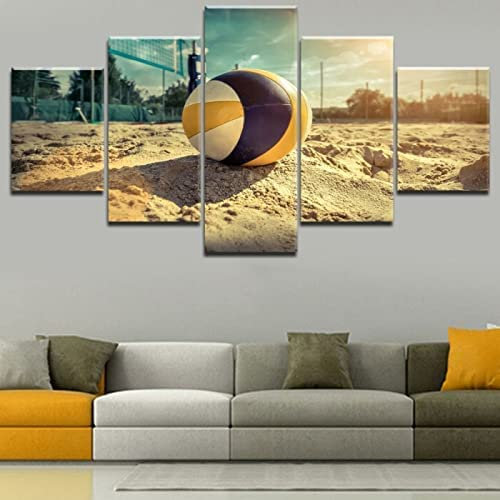 Poster,5 Teilig Leinwanddrucke Leinwand Stück Kunstdruck Modern Wand Aufhängen Home Dekoration Moderne Gemälde Hd Panel Beach-Volleyball Xxl/200 X 100 Cm Schlafzimmerbürohotelwandkunstfoto