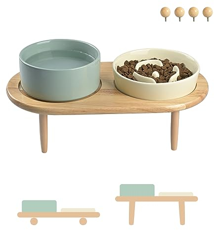 SPUNKYJUNKY Keramik Hundenapf Set Anti Schling Napf mit Bambus Ständer für Katzen und Hunde (Beige + Hellgrün)