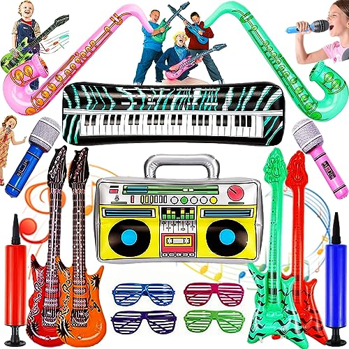 WTpin 16 Stück Aufblasbare Instrumente Musikinstrument, Luftgitarren Zum Aufblasen, Aufblasbare Instrumente Musikinstrument, Saxophon Mikrofon Radio Lautsprecher Bass Keyboard Brille (Mit Pumpe)