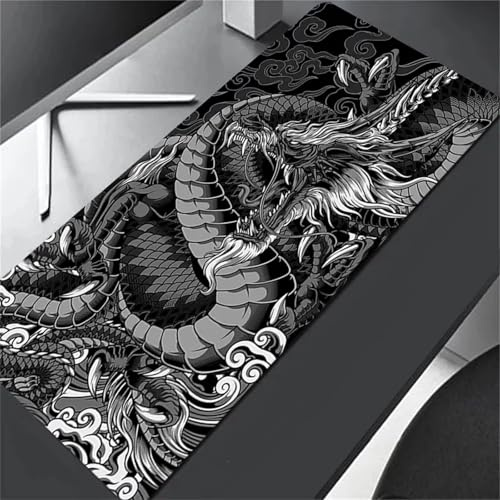 Tapis de Souris Gaming 1000x500x3mm,XXL Gamer Mouse Pad,Surface spéciale améliore la Vitesse et la précision,Base en Caoutchouc Antidérapant Surface Mouse Pad - Dragon Noir et Blanc