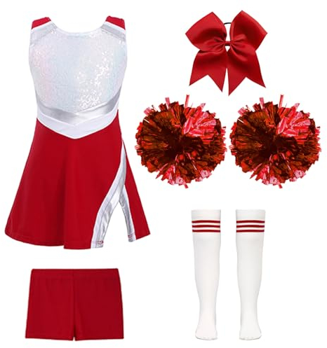 Jowowha Mädchen Cheer Leader Cheerleading Kostüm 5tlg.Glitzer Tanzkleid mit Zubehör Schulmädchen Uniform Halloween Karneval Fasching Party Outfits Rot 134-140