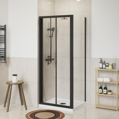 NRG 800 x 700mm Bathroom Bi- Fold Shower Door Shower Enclosures Black Framed with Side Panel