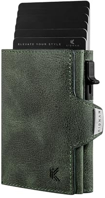 KIDMAN Icarus I Echtleder Slim Wallet mit Alucase I großes Scheinfach I Kleines Portemonnaie für Herren mit RFID I Mini Geldbörse für Männer I Kartenetui für bis zu 9 Karten I Grün