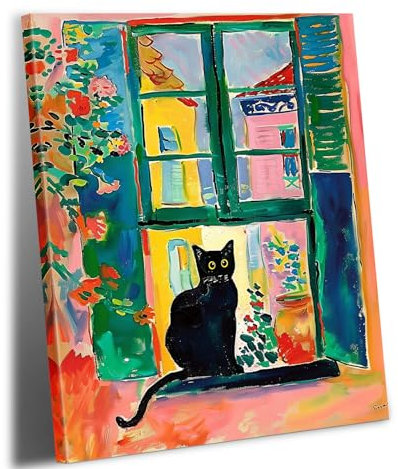 Henri Matisse Kunstdruck auf Leinwand, Motiv: schwarze Katze, gerahmt, offener Fensterdruck, niedliche Katze, Poster, Galerie, ästhetische Raumdekoration für Schlafzimmer, Badezimmer, Kawaii, adrette
