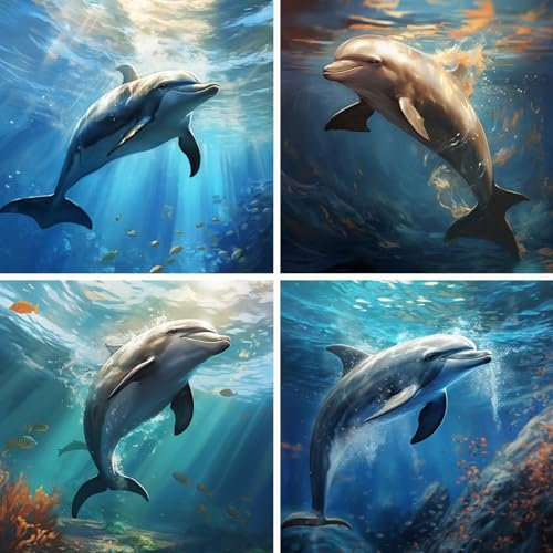Diamond Painting Delfin,100x100cm/40x40inch 4 Pack DIY 5D Diamand Painting Erwachsene,Diamond Painting Set Tier Diamant Painting Bilder Kinder Diamant Malerei,für Zimmer Deko,Mädchen Geschenke Ws12215