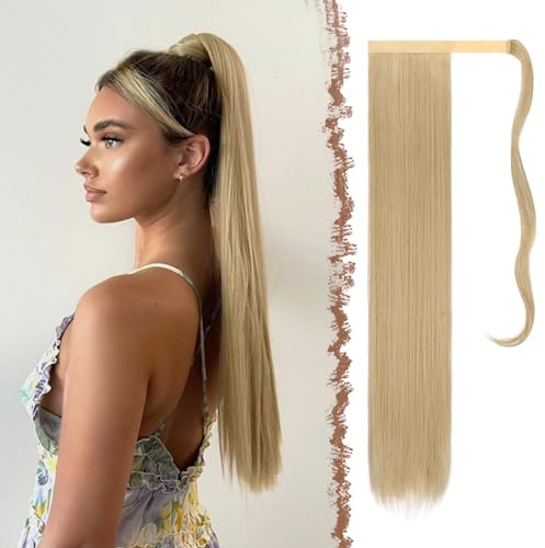 FESHFEN Lang Glattes Pferdeschwanz Haarteil Synthetik Haarverlängerung Zopf Haar Extension Glatt Lang Pferdeschwanz für Damen Mädchen, Hellblond 60 cm